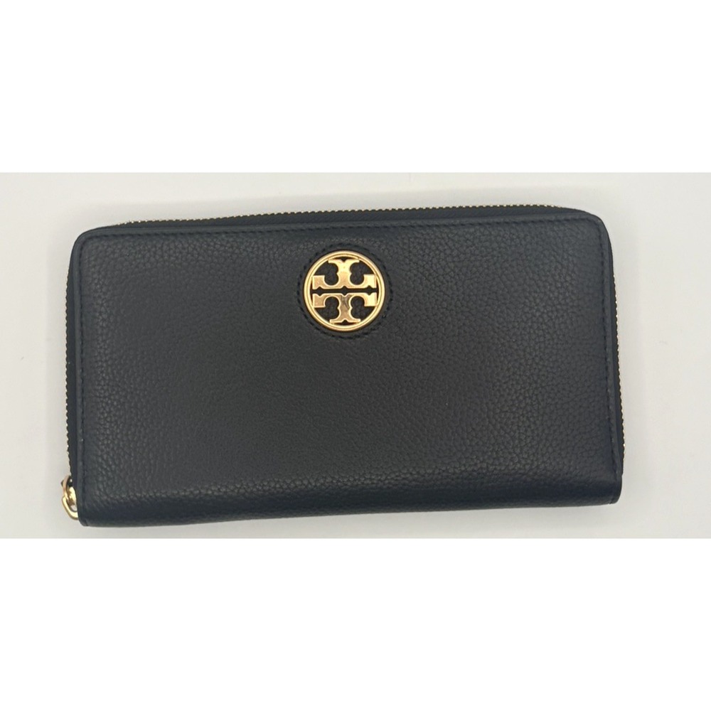 Tory Burch Robinson Zip Continental Wallet Black Pebbled Leather Gold Logo